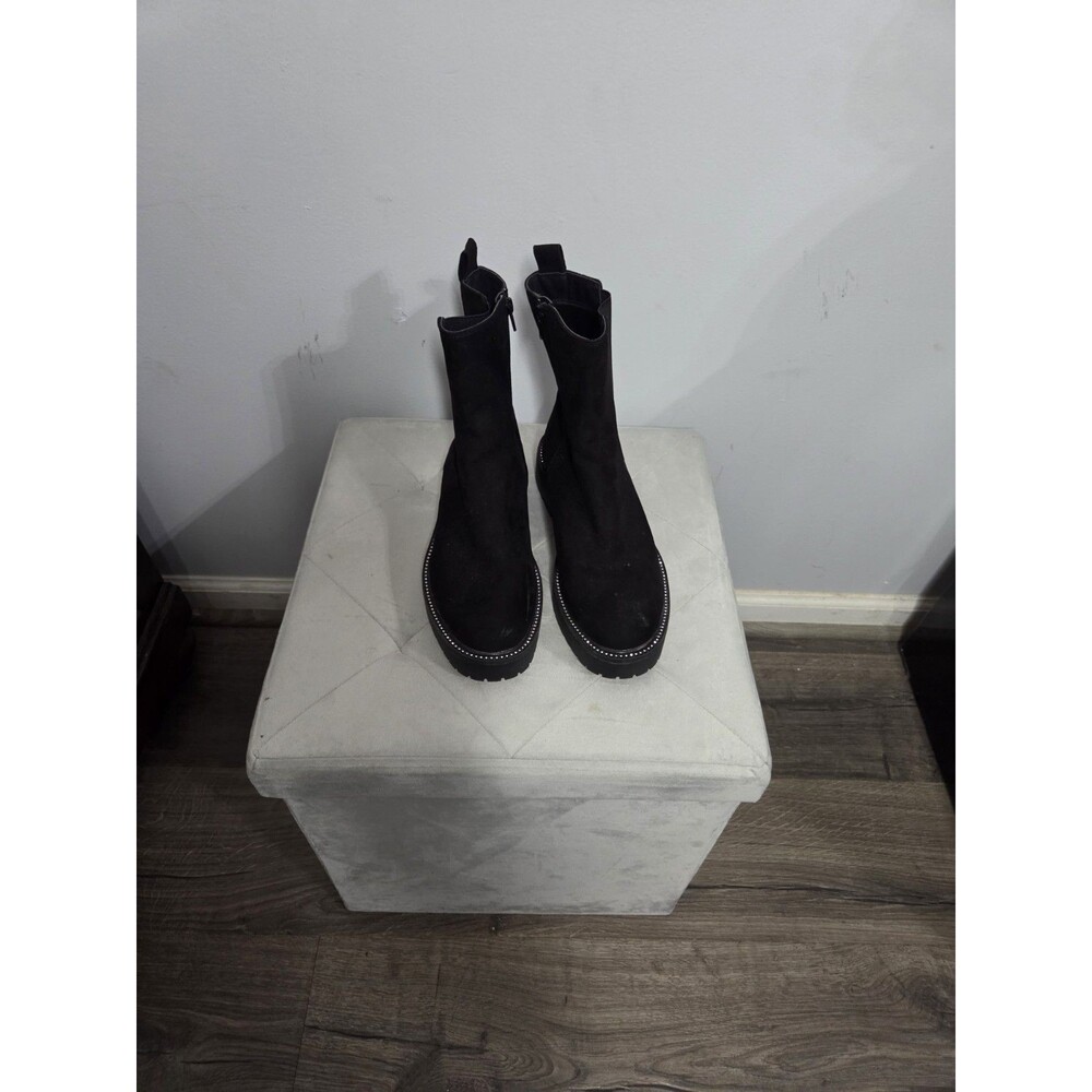 time and tru Black Faux Suede Boots with Rhinestones, Sz 8